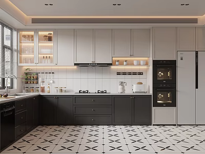 Modern Kitchen Interior Design With White Cabinets Oven Refrigerator Countertop And Geometric Floor Tiles 3d model