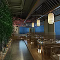 Traditional Japanese Restaurant Interior With Wooden Ceiling Washi Lanterns Wave Mural And Green Plants