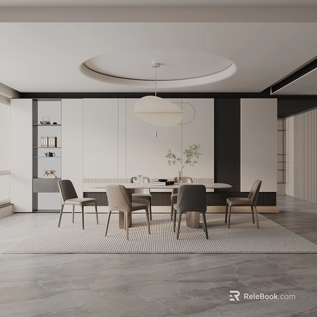 Modern Dining Table Set with Neutral Tones Chairs and Pendant Light 3d model 