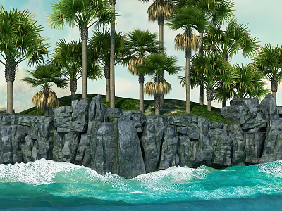 Tropical Coastal Garden Landscape With Palm Trees Rocky Cliffs And Ocean Waves 3d model