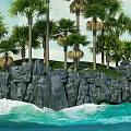 Tropical Coastal Garden Landscape With Palm Trees Rocky Cliffs And Ocean Waves