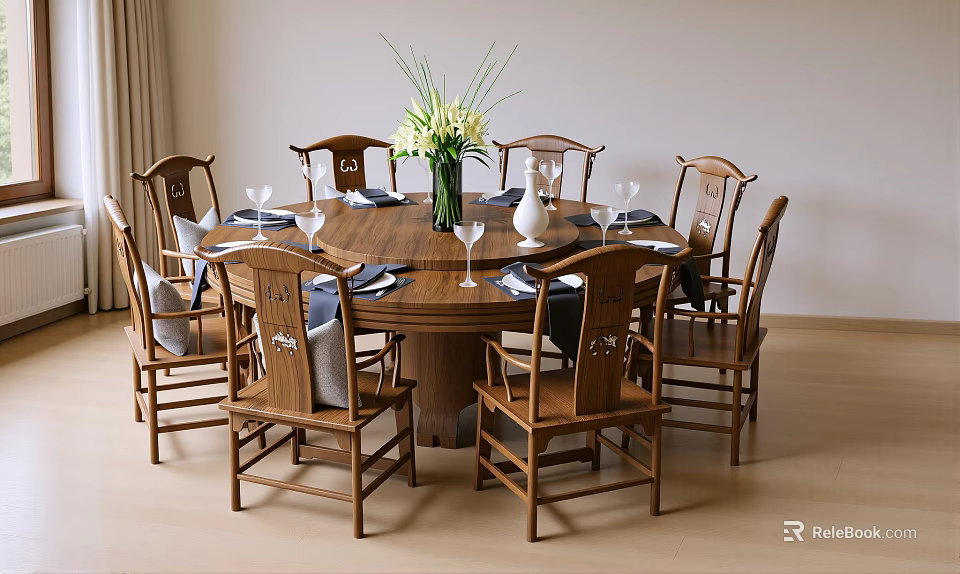 Traditional Wooden Dining Table And Chair Set With Round Top Eight Chairs And Flower Vase 3d model 