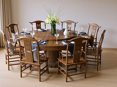 Traditional Wooden Dining Table And Chair Set With Round Top Eight Chairs And Flower Vase 3d model