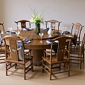 Traditional Wooden Dining Table And Chair Set With Round Top Eight Chairs And Flower Vase