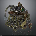 Steampunk Mechanical Device With Gears Spikes Green Gem And Metal Components