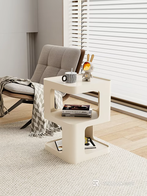 Modern White Coffee Table With Layered Design Mug Rabbit Figurine Books And Magazines 3d model 