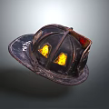 Vintage Firefighter Helmet With Reflective Yellow Windows And Leather Strap