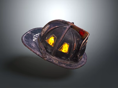 Vintage Firefighter Helmet With Reflective Yellow Windows And Leather Strap 3d model