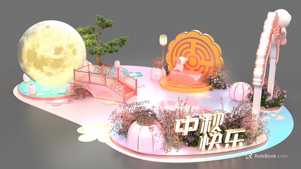 Mid-Autumn Themed Photo Check-in Spot with Full Moon Pine Tree Bridge and Lanterns 3d model 