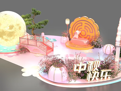 Mid-Autumn Themed Photo Check-in Spot with Full Moon Pine Tree Bridge and Lanterns 3d model