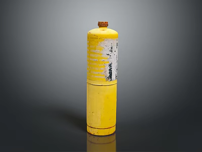 Yellow Cylindrical Gas Cylinder With Red Cap And Striped Text Design 3d model