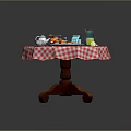 Wooden Round Dining Table Set With Red White Checkered Tablecloth Dishes And Breakfast Items