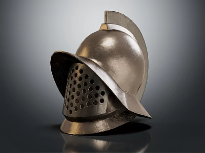 Ancient Medieval Metallic Warrior Helmet With Perforated Visor And Shiny Surface 3d model