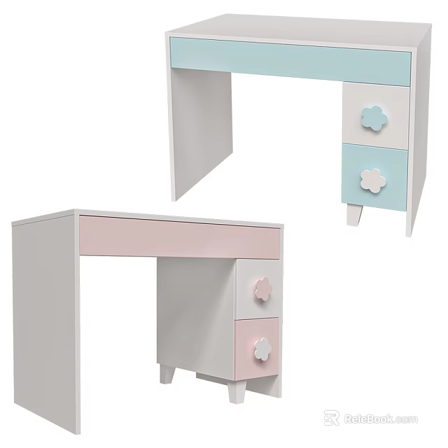 Pink And Light Blue Children's Desk With Cloud Shaped Knobs And Simple Design 3d model 