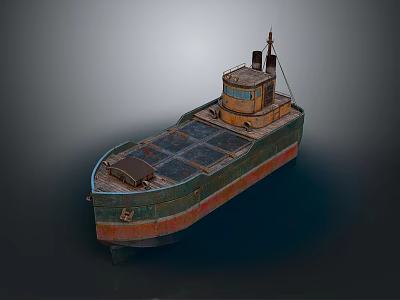 Vintage Water Transport Ship With Weathered Green Red Hull And Deck Structure 3d model