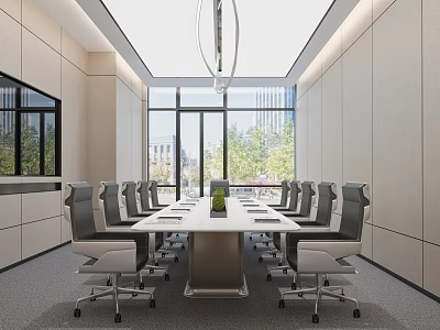 Modern Conference Room Interior Design With Long Table Chairs Pendant Lights And Large Windows 3d model
