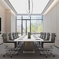Modern Conference Room Interior Design With Long Table Chairs Pendant Lights And Large Windows