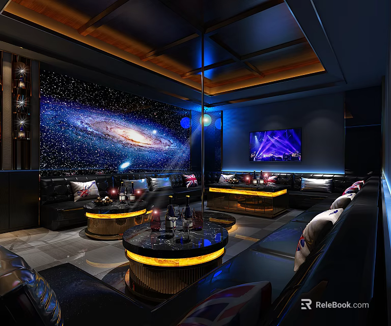 Modern KTV Interior Design With Starry Sky Theme Comfortable Sofas Round Tables And TV Screen 3d model