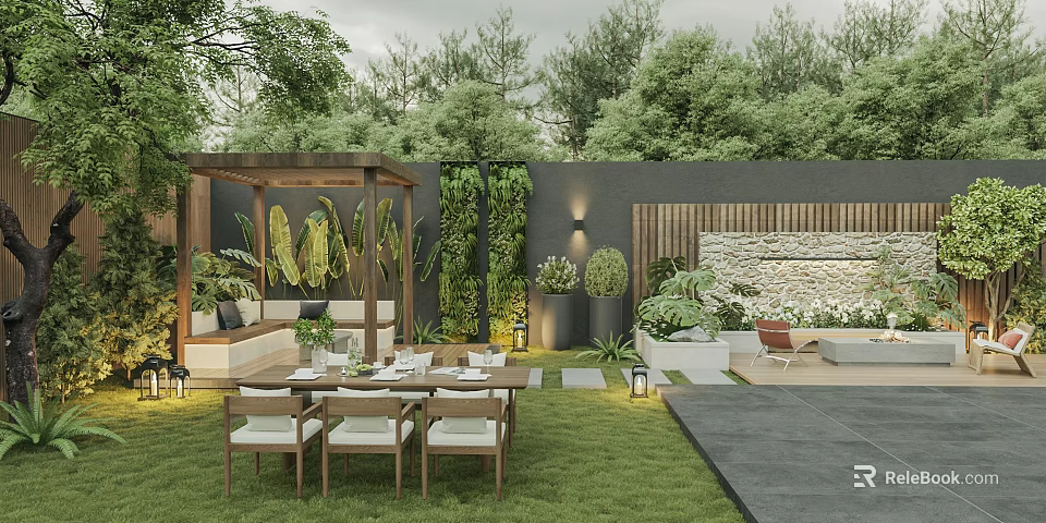 Modern Garden Landscape With Outdoor Dining Area Wooden Pergola Living Plant Wall And Green Lawn 3d model 