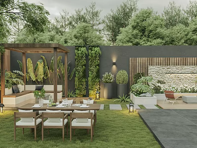 Modern Garden Landscape With Outdoor Dining Area Wooden Pergola Living Plant Wall And Green Lawn 3d model