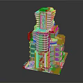 Cartoon High Rise Building with Colorful Layers Glass Facade and Green Base