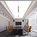 Modern Conference Room With Long Table Brown Chairs Large Screen Floor to Ceiling Windows City View