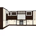 Modern L shaped kitchen cabinets with dark brown and white doors drawers and microwave