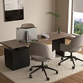 Modern Office Desk With Two Gray Chairs Computer Monitor And Green Plant Near Window