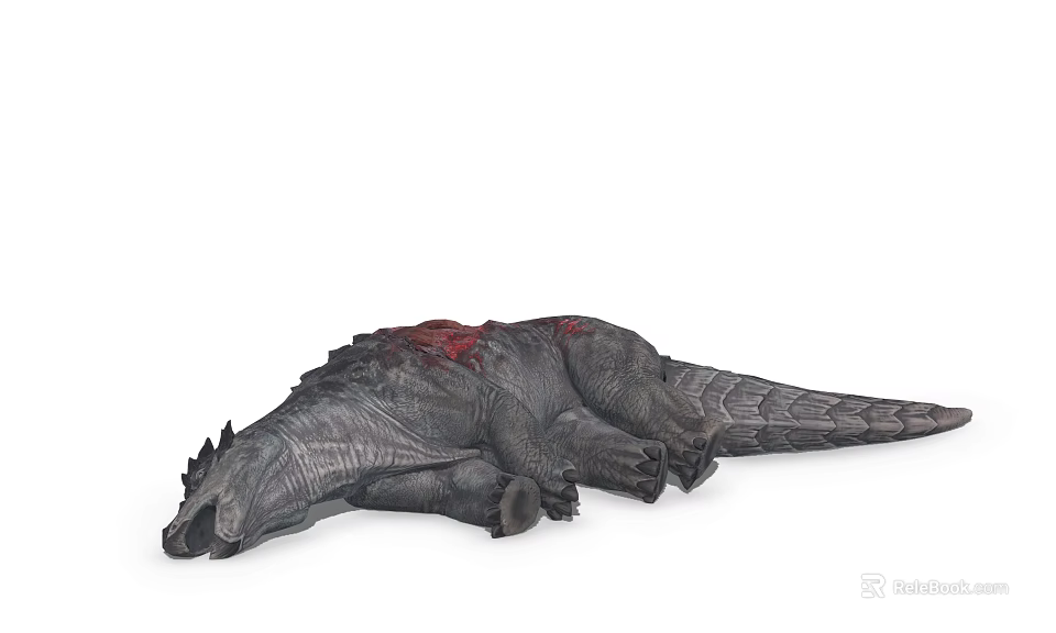 Realistic Dinosaur Model Lying On The Ground With Red Bloodstain On Its Back 3d model 