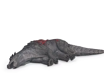 Realistic Dinosaur Model Lying On The Ground With Red Bloodstain On Its Back 3d model