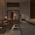 Traditional Chinese Teahouse Interior With Wooden Table Chairs Tea Sets And Hanging Lantern