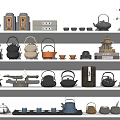 Traditional Tea Set Collection With Various Teapots Cups And Decorative Ornaments On Shelves 3d model