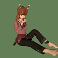 Anime Girl With Fox Ears Sitting In Pink Top Black Pants Barefoot On Green Background