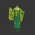 Traditional Japanese Kimono With Yellow Green Robe And Decorative Patterns On Mannequin