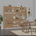 Modern Wooden Sideboard Featuring LED Lighting Storage Shelves Kitchen Items And Dining Table Chairs