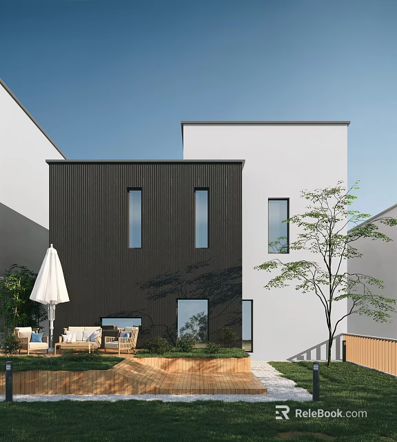Modern Courtyard Garden With Wooden Deck Outdoor Seating White Umbrella And Small Tree 3d model 