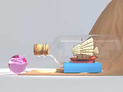 Ceramic Vessel Display With Glass Bottle Ship Model Pink Sphere And Blue Base 3d model