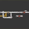 Industrial Piping Equipment With White Pipes Yellow Supports Red Valves And Human Figure For Scale