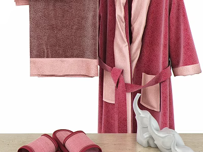 Pink Bathrobe With Soft Fabric And Matching Towel And Slippers Set 3d model