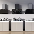 Kitchen Appliances With White Cabinets Black Range Hoods And Cookware On Counter