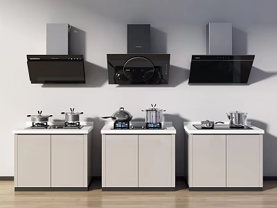 Kitchen Appliances With White Cabinets Black Range Hoods And Cookware On Counter 3d model