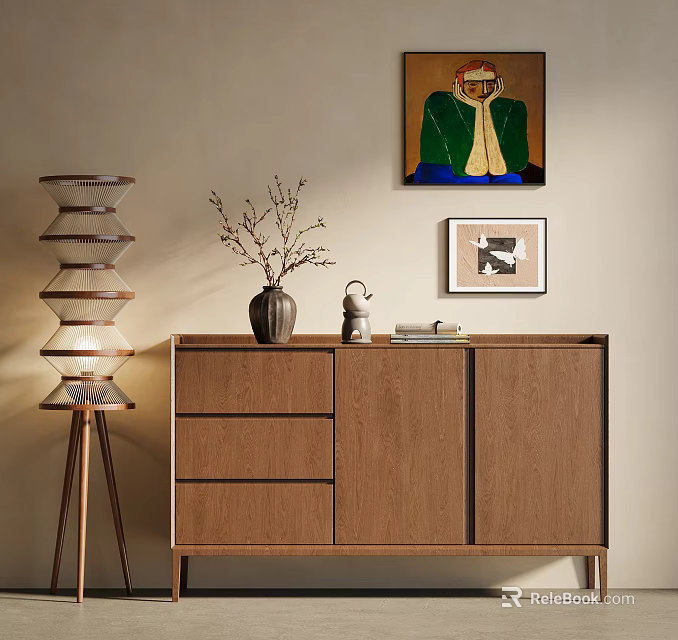 Wooden Console Cabinet With Drawers Decorative Vase And Wall Paintings Near Floor Lamp 3d model 