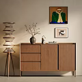 Wooden Console Cabinet With Drawers Decorative Vase And Wall Paintings Near Floor Lamp