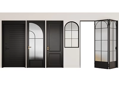 Modern Black Hinged Doors With Arched Grid And Frosted Glass Interior Designs 3d model