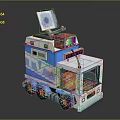 Block Style Blue And White Vehicle Featuring Transparent Top Colorful Display And Orange Wheels