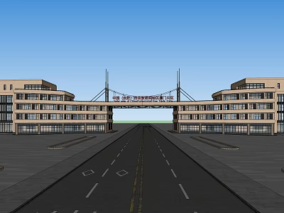 Modern Symmetrical Office Building With Archway Entrance And Wide Front Road 3d model