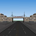 Modern Symmetrical Office Building With Archway Entrance And Wide Front Road
