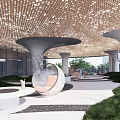 Contemporary Commercial Landscape With Glass Facade Architecture Outdoor Trees Walkway And Pedestrians
