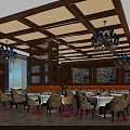 Elegant Restaurant Interior With Wooden Ceiling Chandeliers Dining Tables Chairs And Decorative Walls