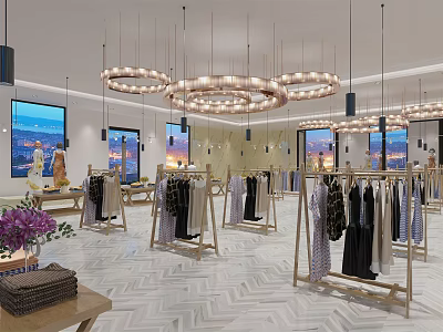 Elegant Clothing Store With Circular Chandeliers Herringbone Floor Large Windows And Clothes On Racks 3d model